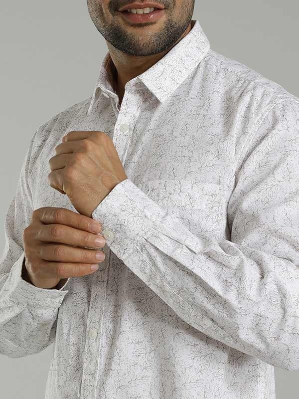 Indian Terrain Men's Regular Fit Full Sleeve Tropical Print White Shirt